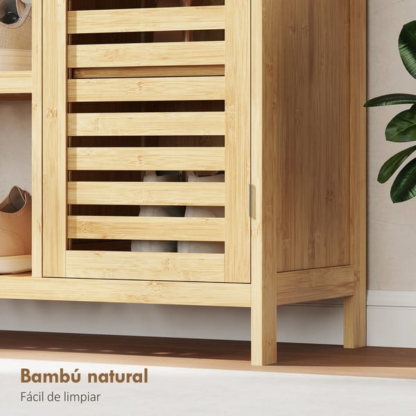 Skoskåp - 2-dörrars bambu - Lamelldörrar - Hyllor och öppna fack - För 9 par - 100x33x86 cm - Natur