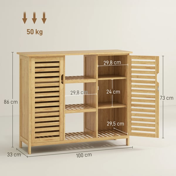 Skoskåp - 2-dörrars bambu - Lamelldörrar - Hyllor och öppna fack - För 9 par - 100x33x86 cm - Natur