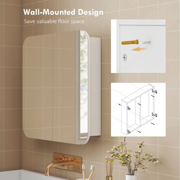 Badrumsskåp med spegel - Spegelskåp - 2 Dörrar, Justerbara Hyllor, Rundade Kanter, 68x13x66 cm, Utan Belysning - Vit