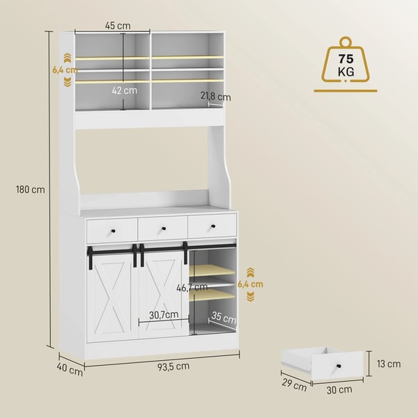 Kökskåp - Mikrovågsskåp - 2 Skjutdörrar - 3 Lådor - Bänkskiva för Mikrovågsugn - Justerbara Hyllor - Trä - 93,5x40x180 cm - Vit