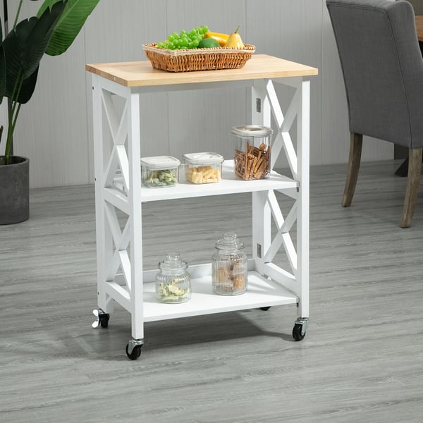 Köksvagn / Serveringsvagn - Rullvagn i Trä - Fällbar - Två Hyllplan - Med Hjul - 60 x 40 x 84 cm - Vit