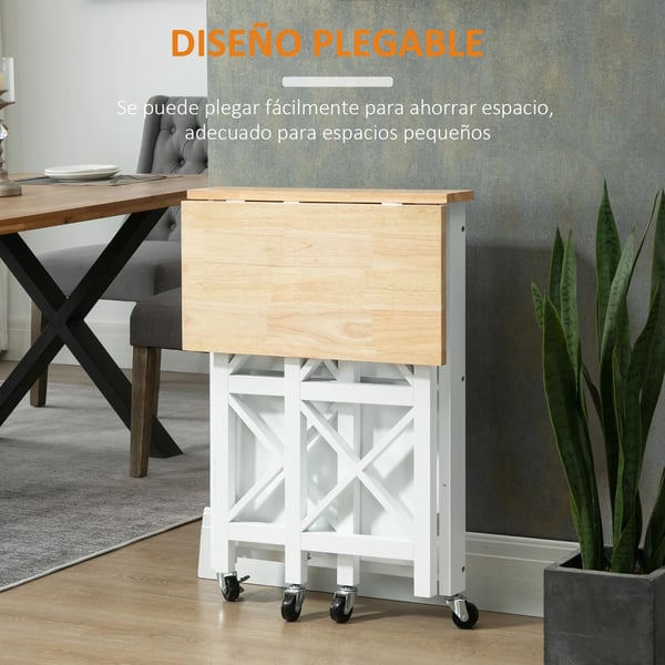 Köksvagn / Serveringsvagn - Rullvagn i Trä - Fällbar - Två Hyllplan - Med Hjul - 60 x 40 x 84 cm - Vit