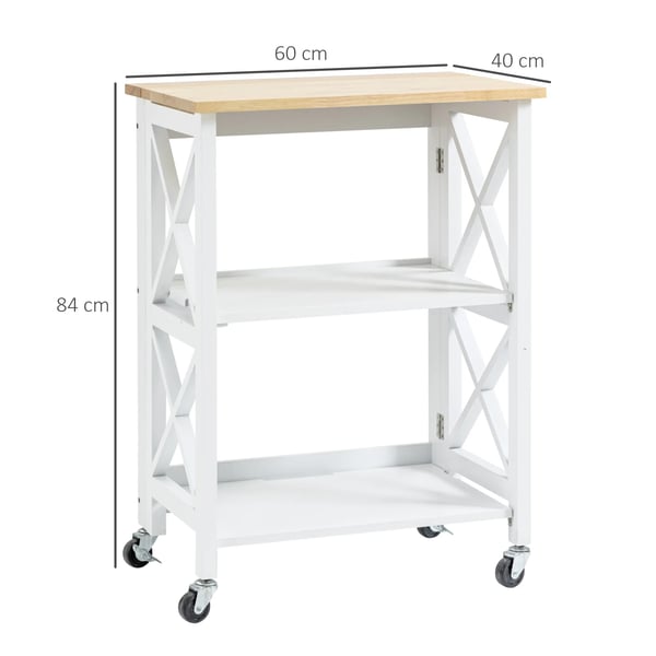 Köksvagn / Serveringsvagn - Rullvagn i Trä - Fällbar - Två Hyllplan - Med Hjul - 60 x 40 x 84 cm - Vit