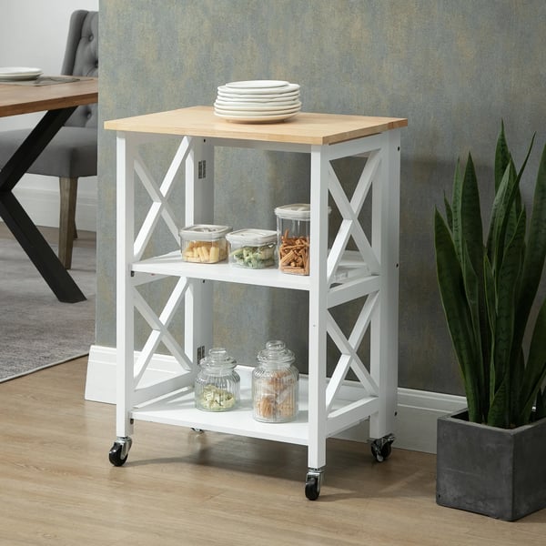 Köksvagn / Serveringsvagn - Rullvagn i Trä - Fällbar - Två Hyllplan - Med Hjul - 60 x 40 x 84 cm - Vit