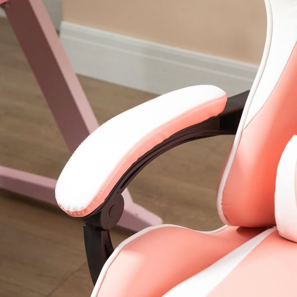 Gamingstol - Kontorsstol - Lutning 135° - Nackstöd & Ländryggskudde - Höjdjusterbar - Ergonomisk - Snurrbar med hjul - 63×67×122–130 cm - Rosa