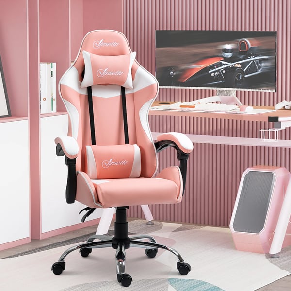 Gamingstol - Kontorsstol - Lutning 135° - Nackstöd & Ländryggskudde - Höjdjusterbar - Ergonomisk - Snurrbar med hjul - 63×67×122–130 cm - Rosa