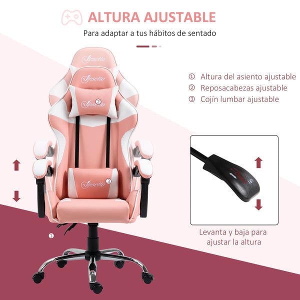 Gamingstol - Kontorsstol - Lutning 135° - Nackstöd & Ländryggskudde - Höjdjusterbar - Ergonomisk - Snurrbar med hjul - 63×67×122–130 cm - Rosa