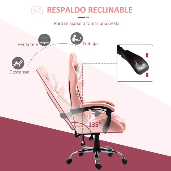 Gamingstol - Kontorsstol - Lutning 135° - Nackstöd & Ländryggskudde - Höjdjusterbar - Ergonomisk - Snurrbar med hjul - 63×67×122–130 cm - Rosa