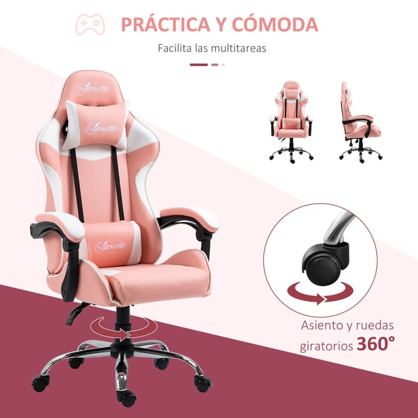 Gamingstol - Kontorsstol - Lutning 135° - Nackstöd & Ländryggskudde - Höjdjusterbar - Ergonomisk - Snurrbar med hjul - 63×67×122–130 cm - Rosa