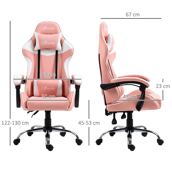 Gamingstol - Kontorsstol - Lutning 135° - Nackstöd & Ländryggskudde - Höjdjusterbar - Ergonomisk - Snurrbar med hjul - 63×67×122–130 cm - Rosa