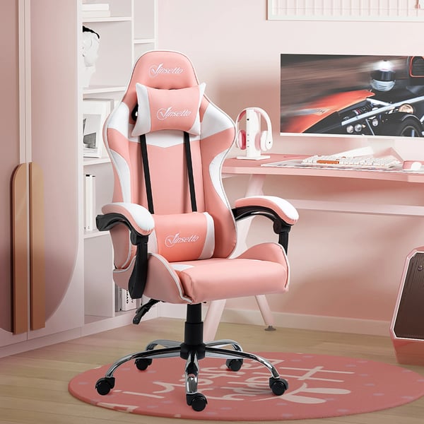 Gamingstol - Kontorsstol - Lutning 135° - Nackstöd & Ländryggskudde - Höjdjusterbar - Ergonomisk - Snurrbar med hjul - 63×67×122–130 cm - Rosa