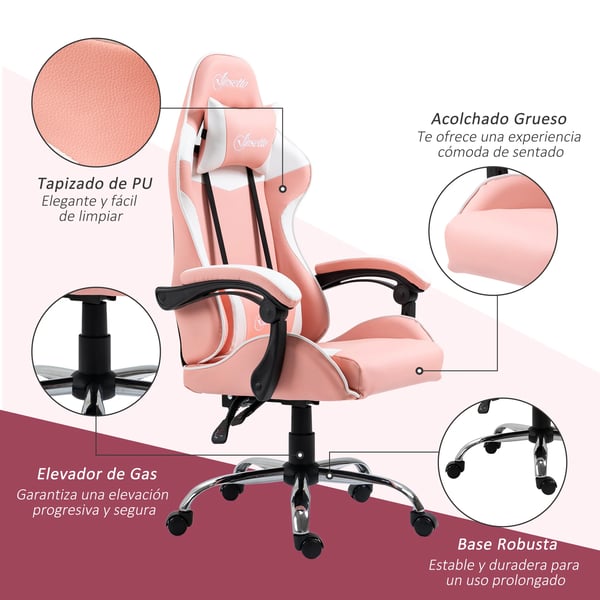 Gamingstol - Kontorsstol - Lutning 135° - Nackstöd & Ländryggskudde - Höjdjusterbar - Ergonomisk - Snurrbar med hjul - 63×67×122–130 cm - Rosa