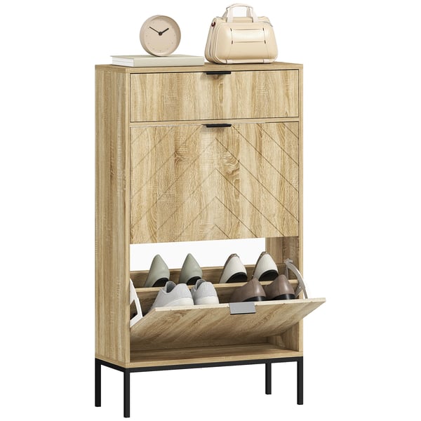 Skoskåp - Smalt Skåp - 2 Lådor - Justerbara Hyllor - För 8 Par - 60x24x105,5 cm - Trä - Natur