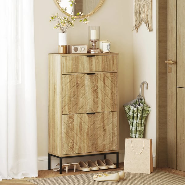 Skoskåp - Smalt Skåp - 2 Lådor - Justerbara Hyllor - För 8 Par - 60x24x105,5 cm - Trä - Natur