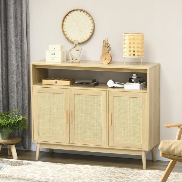 Skänk med rotting - Sideboard - Rottingdörrar - Träben - Modern minimalistisk - 120x40x97 cm - Beige