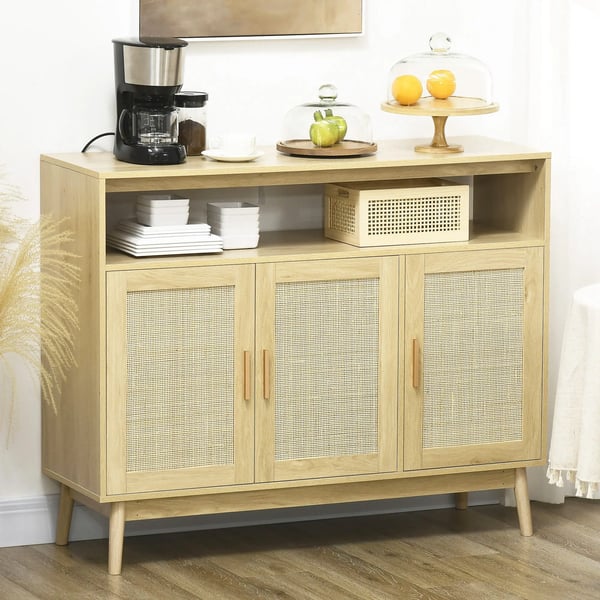 Skänk med rotting - Sideboard - Rottingdörrar - Träben - Modern minimalistisk - 120x40x97 cm - Beige