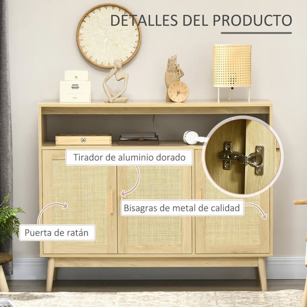 Skänk med rotting - Sideboard - Rottingdörrar - Träben - Modern minimalistisk - 120x40x97 cm - Beige