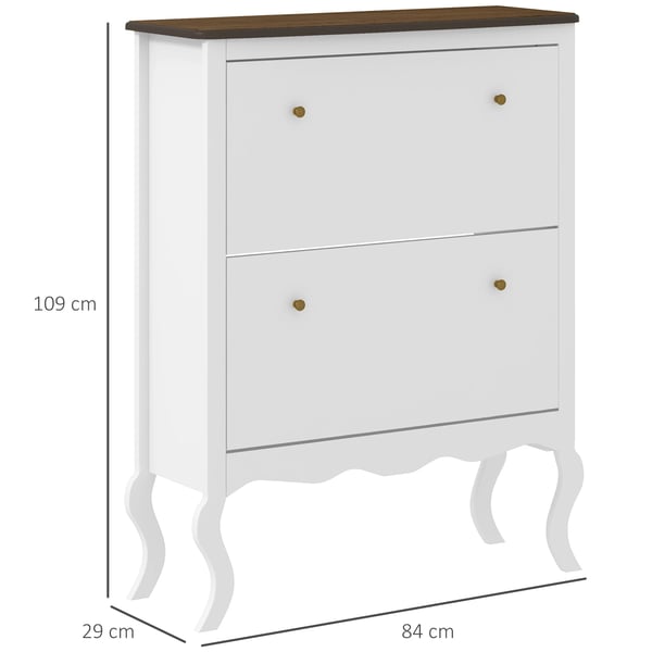 Skoskåp - Smalt med 2 Fällbara Lådor - Justerbara Hyllor - För 16 Par - 84x29x109 cm - Trä, Neoklassisk - Vit
