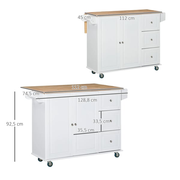 Köksö med hjul - Köksvagn - Förlängningsbar bänkskiva - 3 lådor - Kryddhylla och handdukshållare - Trä - 128,8x75,5x92,5 cm - Vit