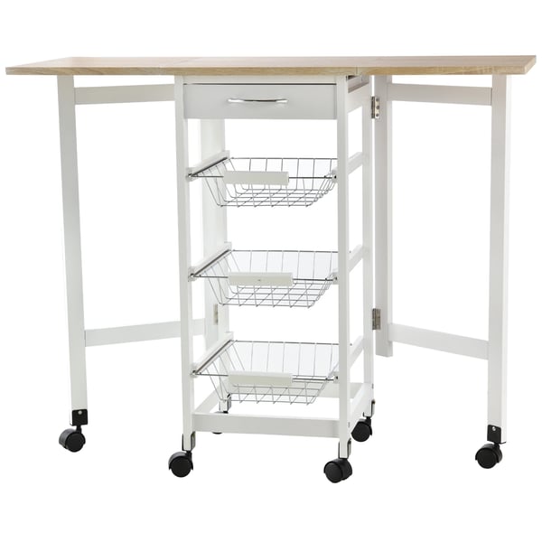 Köksvagn - Hopfällbar Serveringsvagn - 6 Hjul - 1 Låda - 3 Metallkorgar - 97,2 x 37 x 77,5 cm - Vit