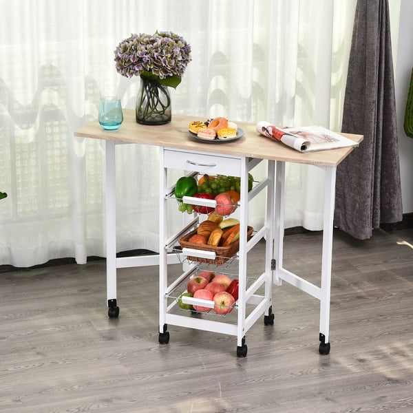 Köksvagn - Hopfällbar Serveringsvagn - 6 Hjul - 1 Låda - 3 Metallkorgar - 97,2 x 37 x 77,5 cm - Vit