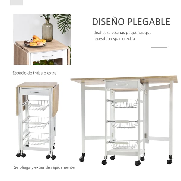 Köksvagn - Hopfällbar Serveringsvagn - 6 Hjul - 1 Låda - 3 Metallkorgar - 97,2 x 37 x 77,5 cm - Vit