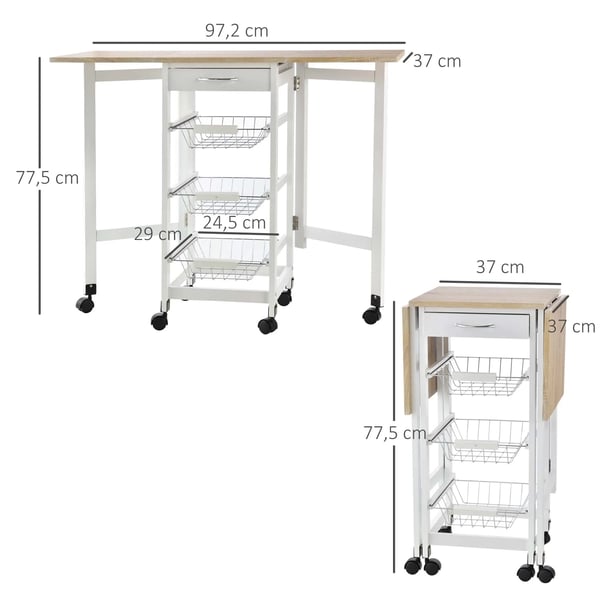 Köksvagn - Hopfällbar Serveringsvagn - 6 Hjul - 1 Låda - 3 Metallkorgar - 97,2 x 37 x 77,5 cm - Vit