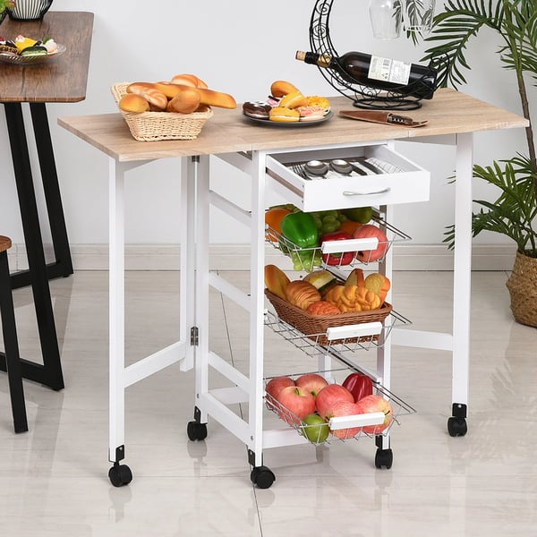 Köksvagn - Hopfällbar Serveringsvagn - 6 Hjul - 1 Låda - 3 Metallkorgar - 97,2 x 37 x 77,5 cm - Vit