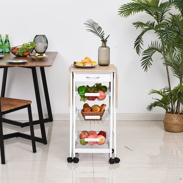 Köksvagn - Hopfällbar Serveringsvagn - 6 Hjul - 1 Låda - 3 Metallkorgar - 97,2 x 37 x 77,5 cm - Vit