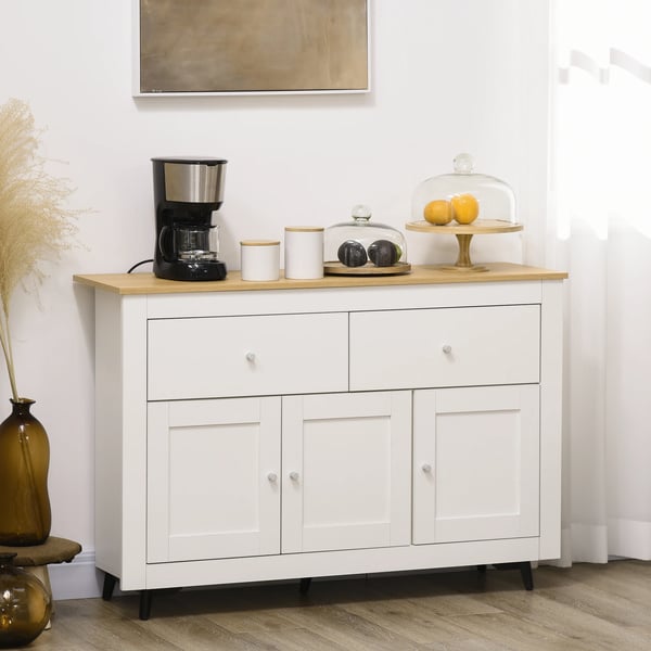 Skänk - Köksskåp - 2 Lådor & 3 Dörrar - Justerbar Hylla - Fristående - Melamin - 117x35x80 cm - Vit