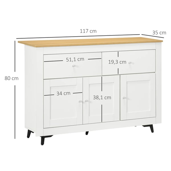 Skänk - Köksskåp - 2 Lådor & 3 Dörrar - Justerbar Hylla - Fristående - Melamin - 117x35x80 cm - Vit