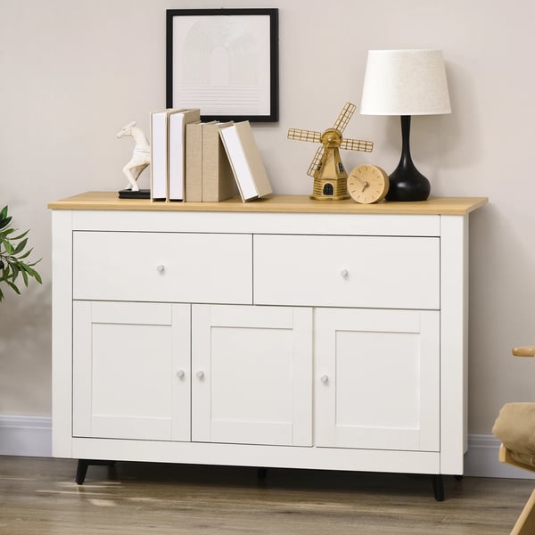 Skänk - Köksskåp - 2 Lådor & 3 Dörrar - Justerbar Hylla - Fristående - Melamin - 117x35x80 cm - Vit
