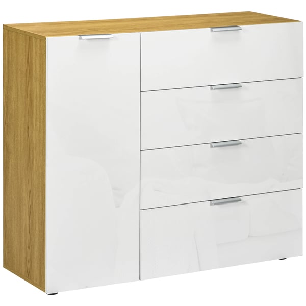 Sideboard/Skänk - Vardagsrumsskåp - 4 Lådor - Dörr - Justerbara Hyllor - 105x35x92 cm - Trä - Modern Minimalistisk Stil - Vit Sideboard/Skänk - Vardagsrumsskåp - 4 Lådor - Dörr - Justerbara Hyllor - 105x35x92 cm - Trä - Modern Minimalistisk Stil - Vit