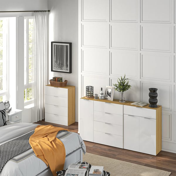 Sideboard/Skänk - Vardagsrumsskåp - 4 Lådor - Dörr - Justerbara Hyllor - 105x35x92 cm - Trä - Modern Minimalistisk Stil - Vit