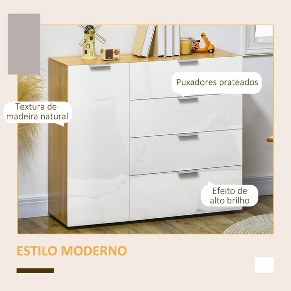 Sideboard/Skänk - Vardagsrumsskåp - 4 Lådor - Dörr - Justerbara Hyllor - 105x35x92 cm - Trä - Modern Minimalistisk Stil - Vit