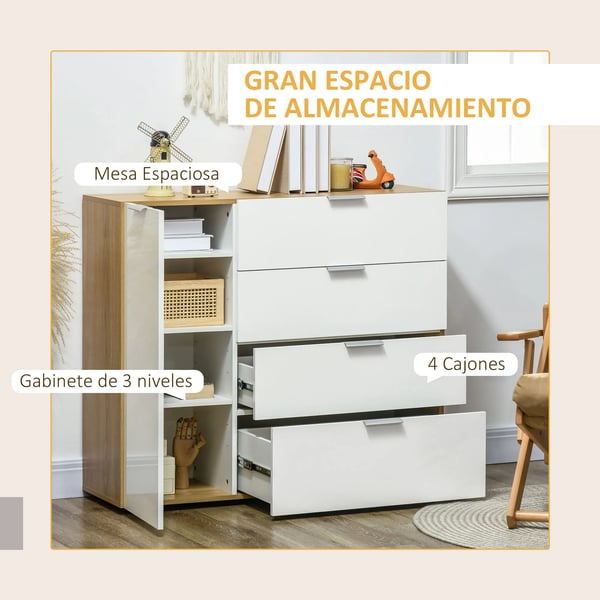 Sideboard/Skänk - Vardagsrumsskåp - 4 Lådor - Dörr - Justerbara Hyllor - 105x35x92 cm - Trä - Modern Minimalistisk Stil - Vit