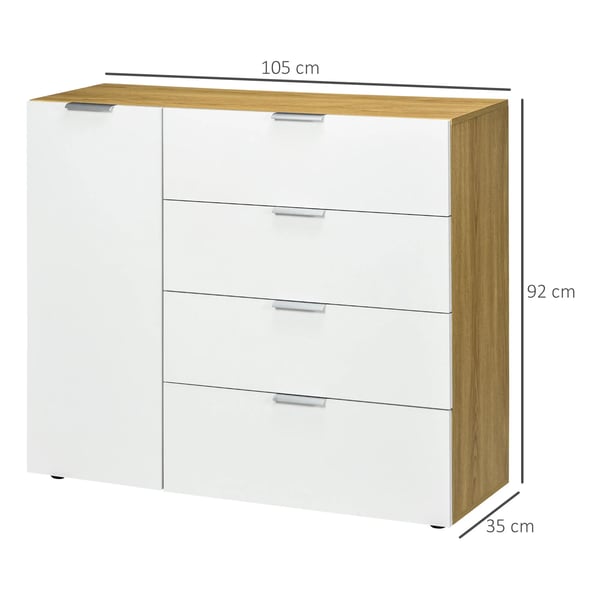 Sideboard/Skänk - Vardagsrumsskåp - 4 Lådor - Dörr - Justerbara Hyllor - 105x35x92 cm - Trä - Modern Minimalistisk Stil - Vit