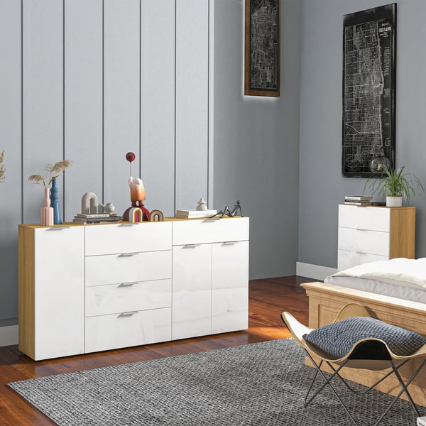 Sideboard/Skänk - Vardagsrumsskåp - 4 Lådor - Dörr - Justerbara Hyllor - 105x35x92 cm - Trä - Modern Minimalistisk Stil - Vit