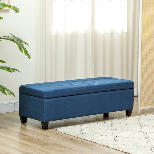 Förvaringsbänk - Sittpuff med uppfällbart lock - Textilklädd - 125 x 49 x 41,5 cm - Minimalistisk design - Blå