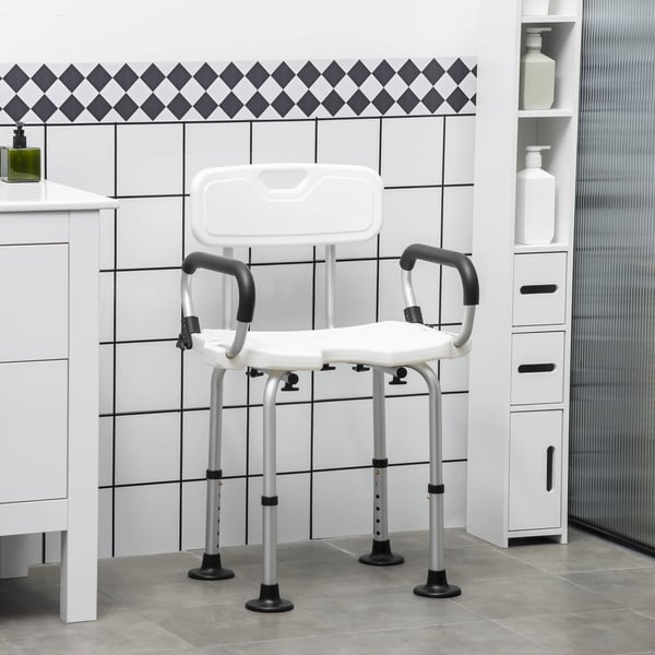 Duschstol - Med justerbara armstöd - Höjdjusterbar - Halkskydd - 54×52×70–82 cm - Max 136 kg - Vit