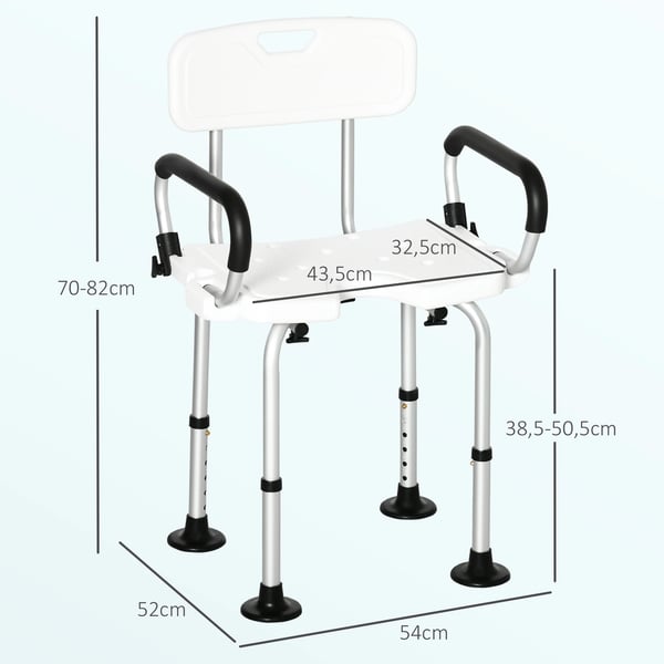 Duschstol - Med justerbara armstöd - Höjdjusterbar - Halkskydd - 54×52×70–82 cm - Max 136 kg - Vit