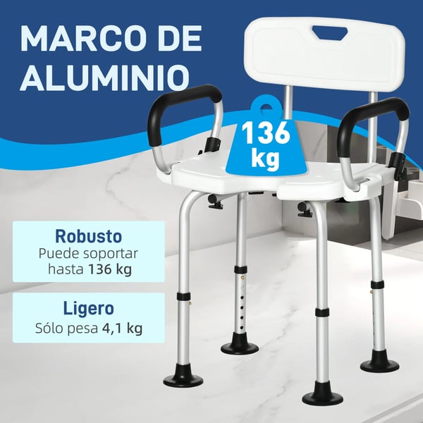 Duschstol - Med justerbara armstöd - Höjdjusterbar - Halkskydd - 54×52×70–82 cm - Max 136 kg - Vit