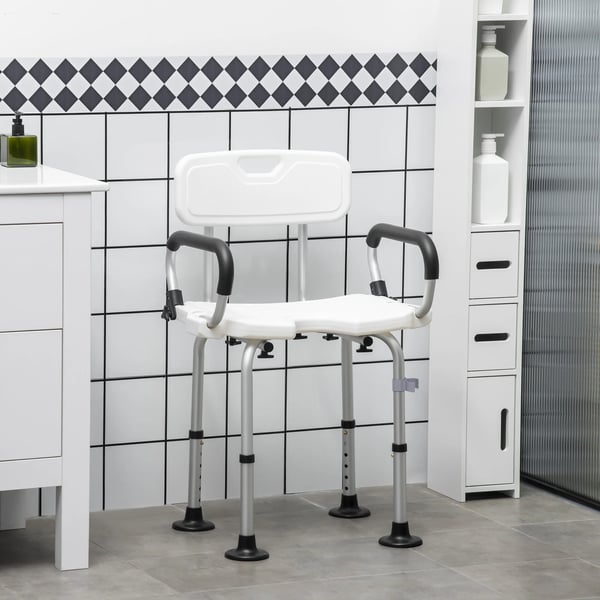 Duschstol - Med justerbara armstöd - Höjdjusterbar - Halkskydd - 54×52×70–82 cm - Max 136 kg - Vit