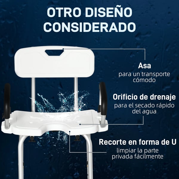 Duschstol - Med justerbara armstöd - Höjdjusterbar - Halkskydd - 54×52×70–82 cm - Max 136 kg - Vit