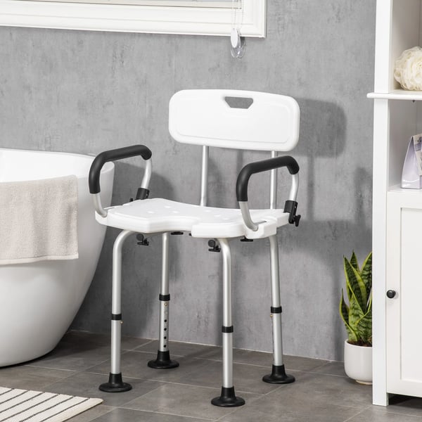 Duschstol - Med justerbara armstöd - Höjdjusterbar - Halkskydd - 54×52×70–82 cm - Max 136 kg - Vit