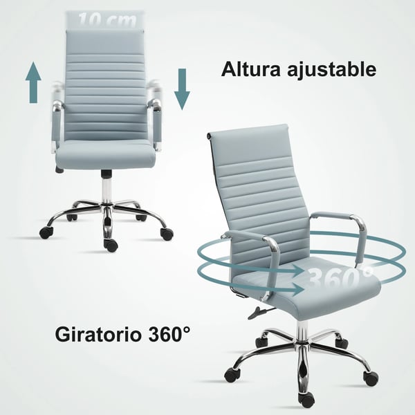 Kontorsstol - Svängbar skrivbordsstol - Ergonomisk - Höjdjusterbar - Gungfunktion - Hög rygg - Armstöd - Syntetläder - Ljusgrå