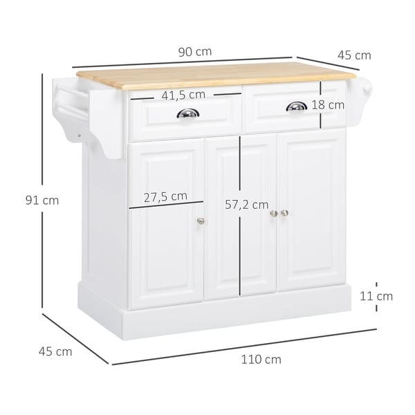 Köksvagn - Köksö på hjul - 2 Lådor - Kryddhylla - Hängstång - Trä - 110x45x91 cm - Vit