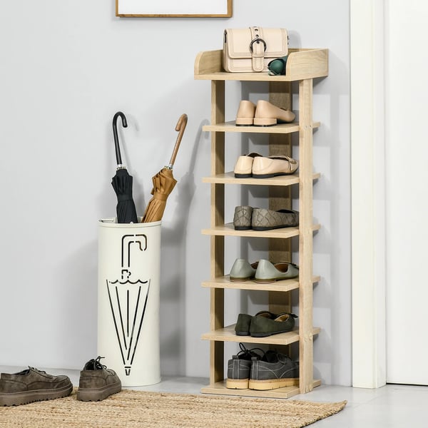 Skoställ - Skohylla - Smal - 7 Nivåer - För 6 Par - 32×30×104 cm - Trä - Natur