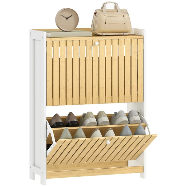 Skoskåp - Smalt 2-dörrars - Bambu - Justerbara hyllor - För 12 par - Modern design - Vit