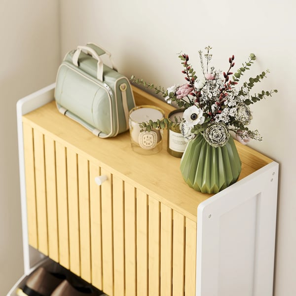 Skoskåp - Smalt 2-dörrars - Bambu - Justerbara hyllor - För 12 par - Modern design - Vit